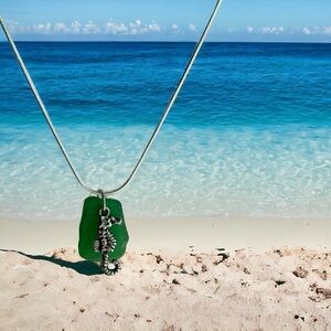 Real sea glass pendant, bright green piece with seahorse charm